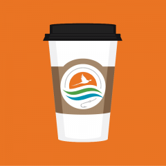 to-go coffee cup on orange background with sleeve featuring pierre area chamber of commerce logo
