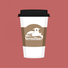 to-go coffee cup on a red background with sleeve featuring vermillion chamber & development company logo