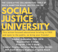 Black and white image of people standing in line with Social Justice University in yellow