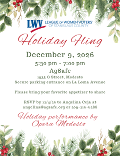 Holiday Fling invitation red and green text on white background with leaf border