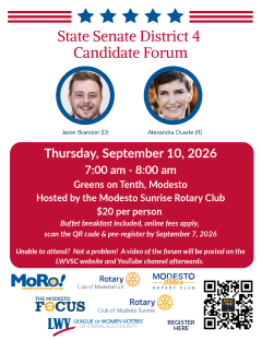 flyer for Candidate Forum State Sentate District 4 with images of Jaron Brandon (D) and Alexandra Duarte (R)