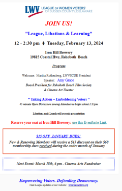 Flyer for February 13th League social event