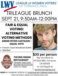 flyer of sept 21 2024 Fair & Equal Voting trileague event