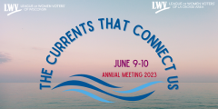 Annual meeting event graphic and logo over photo of water