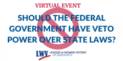 blue text that reads "SHOULD THE FEDERAL GOVERNMENT HAVE VETO POWER OVER STATE LAWS?" over a red circle with a line through it