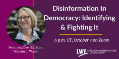 Event graphic for "Disinformation In Democracy: Identifying & Fighting It" with headshot of speaker Dee Hall