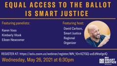 Event graphic for a jail-based voting training event on May 26 from 6:30 to 8 p.m.