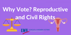 Event graphic for "Why Vote? Reproductive and Civil Rights" with LWVDC logo and graphic of uterus and justice scales