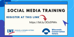 Event graphic for social media training and LWVWI and WCV logos