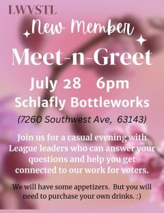 Flyer for July 28 meet n greet for new League members