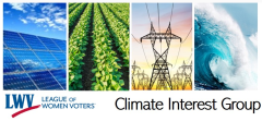 LWV logo Climate Interest Group with pictures of solar panels, plants, electrical towers and a wave