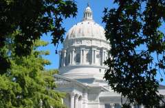 Missouri state capitol framed by trees