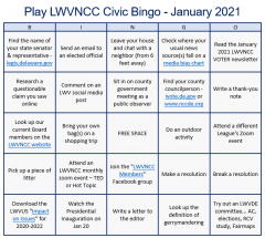 "Civic Bingo" board grid by LWVNCC for January 2021