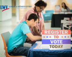 Woman helps young man register to vote 
