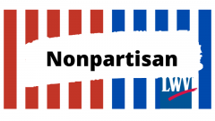Nonpartisan written across red white and blue stripes