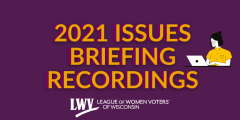 Graphic that reads "2021 Issues Briefing Recordings" with cartoon lady on a laptop next to it