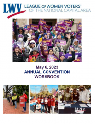 Cover of 2023 LWVNCA Convention Workbook May 6 with pictures
