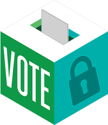 ballot box with the word vote on one panel and image of a lock on another panel