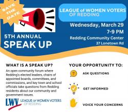 Redding LWV 5th Annual Speak Up Flyer with graphic of mega phone (top left) and league logo (bottom left)