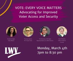 Linked image to YouTube recording of webinar Vote:  Every voice matters.  Advocating for Improved voter access and security