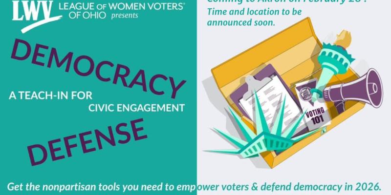 Graphic for Defend Democracy – A Teach-in scheduled February 28 in Akron, location TBA