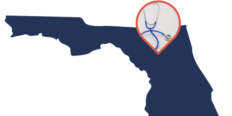 Blue outline of State of Florida with callout with stethoscope over Alachua County