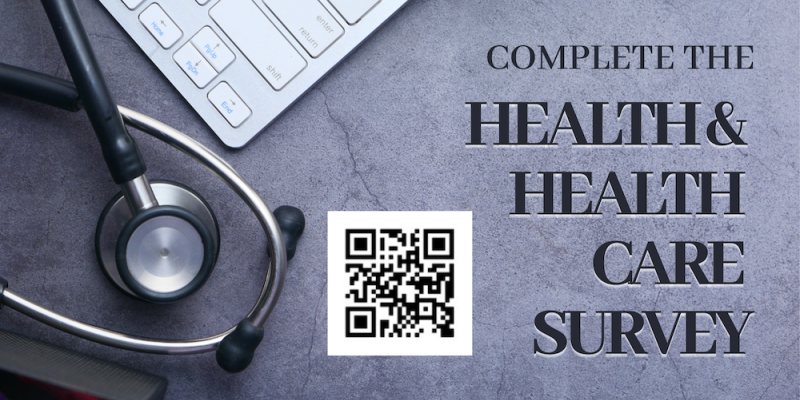 Text and QR Code for Health Care Survey with stethoscope and keyboard on gray background