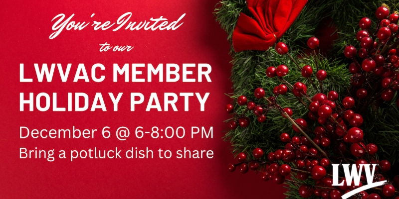 Holiday Party details on a red background with greenery and red berries on the right side