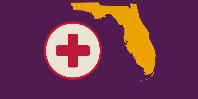 Purple background with gold state of Florida and red and off white red cross graphics