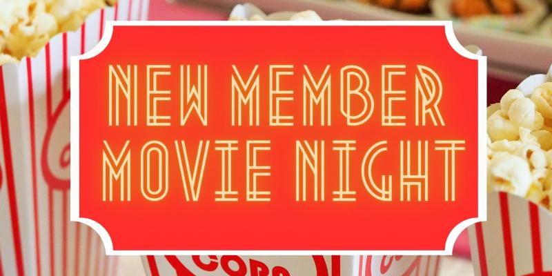 Popcorn in the background with New Member Movie Night text overlay