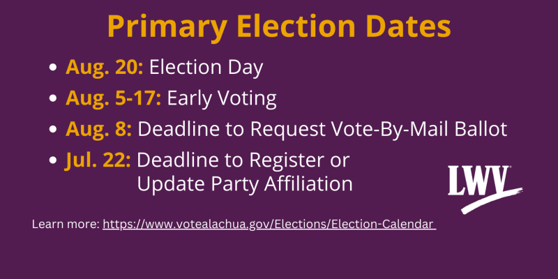 Primary Election Dates yellow and white text on purple background