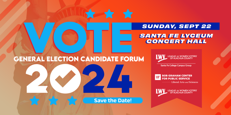 Save the Date General Election Candidate Forum white text, red and blue graphics on orange background