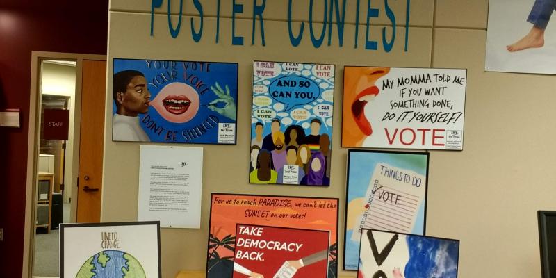 Vote poster contest display at Saline library