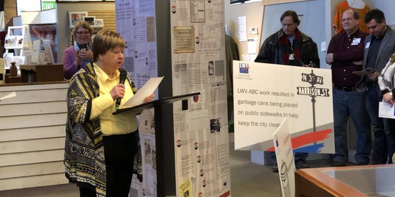 Sandy Connor speaking at "Celebrating 100" Exhibit at Anoka History Center Sandy Connor speaking at "Celebrating 100" Exhibit at Anoka History Center