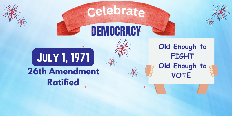 Celebrate Democracy.  July 1, 1971 26 Amendment Ratified.  Graphic of hands holding a sign that reads Old enough to fight, old enough to vote