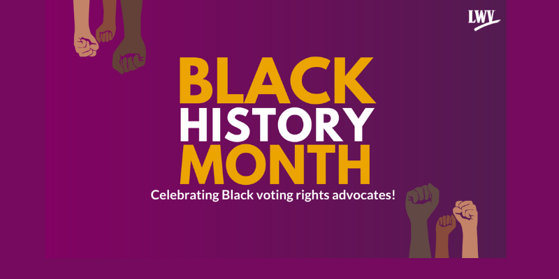 banner of 3 human fists raised skin tone is varied banner text black history month celebrating black voting rights advocates