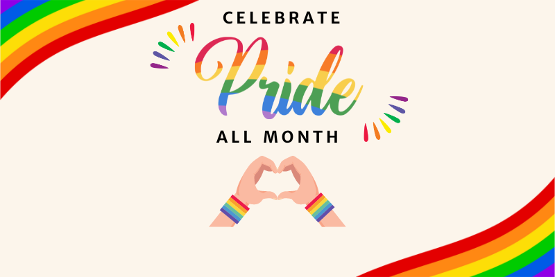 Celebrate pride all month.  Rainbow corner borders and rainbow colored hands in the shape of a heart