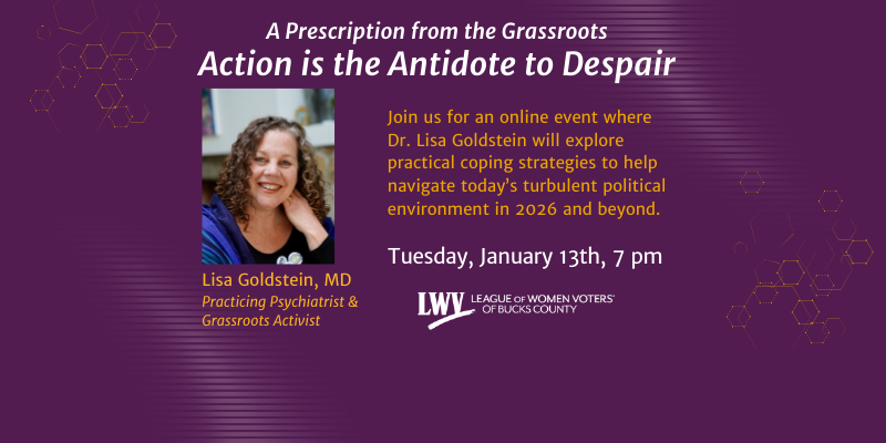 Event announcement.  photo of white woman.  A prescription from the grassroots.  action is the antidote to despair.  Tuesday January 13 at 7:00 pm.  Registration is required for Zoom event