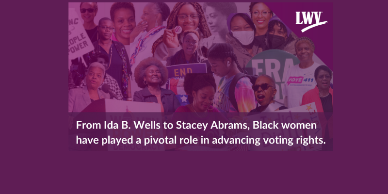 Banner with a photo collage of black women who have fought for voting rights.  From Ida B Wells to Stacy Abrams black women have played a pivotal role in advancing voting rights