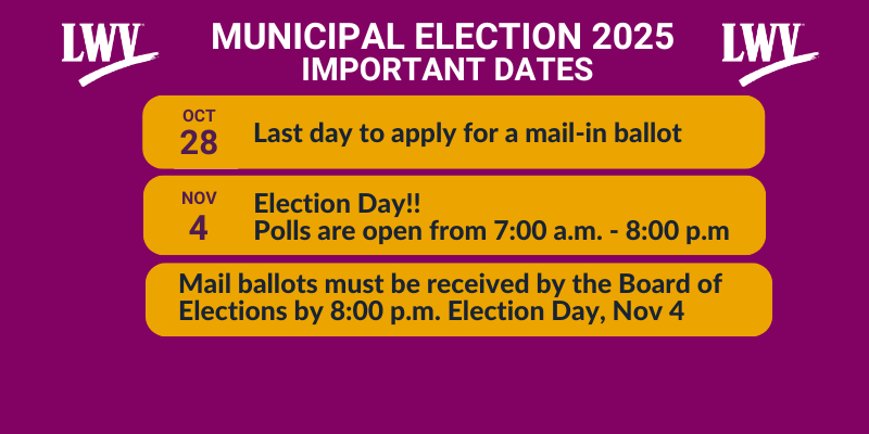 Municipal Election 2025 Important Dates.  Oct 28 is last day to apply for a mail in ballot.  Nov 4 is election day.  Polls open from 7 am to 8 pm.  mail ballots must be returned by 8 pm election day