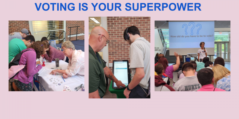 voting is your superpower image of audience of students listening to presentation image of youth registering to vote image of student and election official trying out the ballot marking device