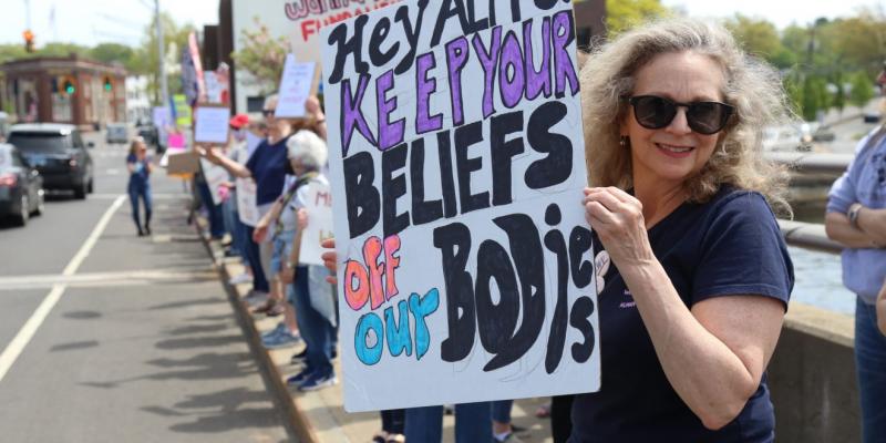 Photo by Westport Journal's Jarret Liotta of LWVCT President Laura Smits at a Bans off Our Bodies Rally in