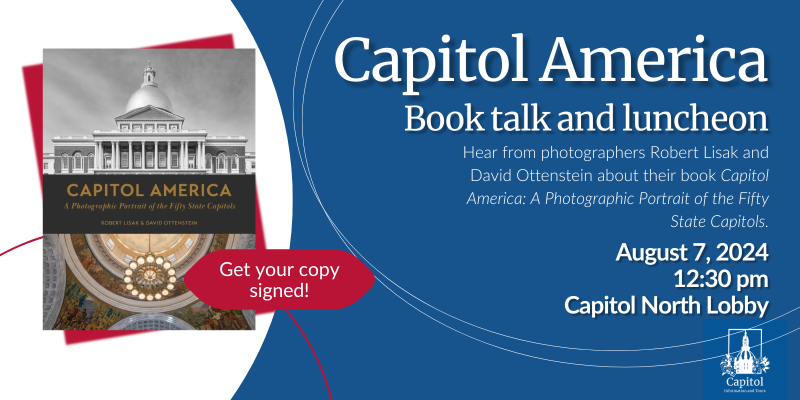 blue and red graphic with image of the Capitol America book cover and text giving details about the Capitol America book talk and luncheon