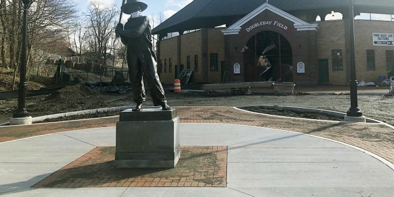 Cooperstown, N.Y. The Sand Lot Kid in front of Doubleday Field in Cooperstown, NY., wearing a mask