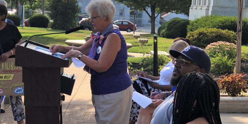 Delaware County LWV President Olivia Thorne at Voting Rights Rally