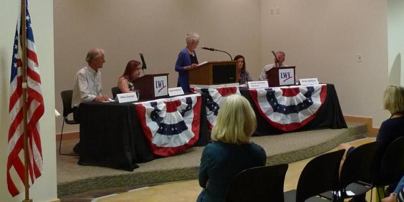 Moab City Candidates 2017 (L to R) - Mike Duncan, Cassie Patterson, (Moderator Carey Dabney), Karen Guzman-Newton and Brian Ballard