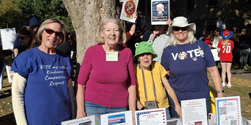Polly Fran Sue Jill at No Kings protest in Frederick Oct 2025