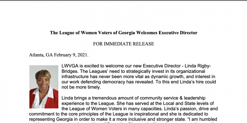 Linda, Executive Director, LWVGA Executive Director, Linda Bridges, Linda Rigby-Bridges