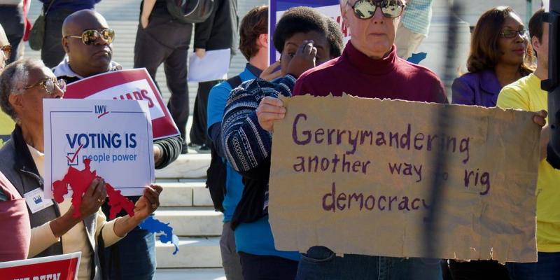 League members rally for Fair Maps and against gerrymandering photo of League members' rally