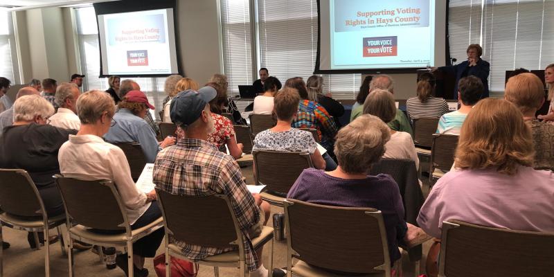 Safeguarding Voters Rights program attendees photo of attendees at LWV Hays County program "Safeguarding Voters Rights"